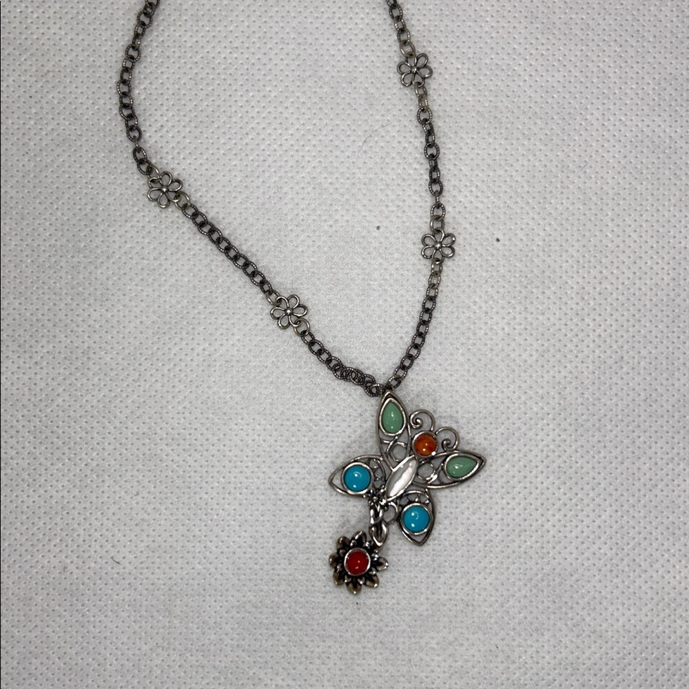 NWOT Carolyn Pollack Sterling Silver Multi Gemstone Butterfly Flower Necklace - Picture 2 of 7